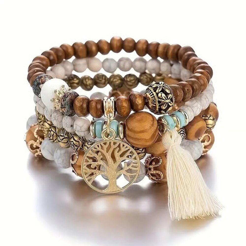 Tree of Life White and Wood Bead Boho Bracelet Set of 4
